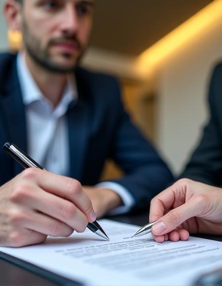 Legal professional reviewing documents with a business client